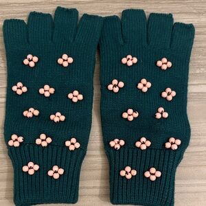 Lele Sadoughi Teal Knit Fingerless Gloves with Pink Accents